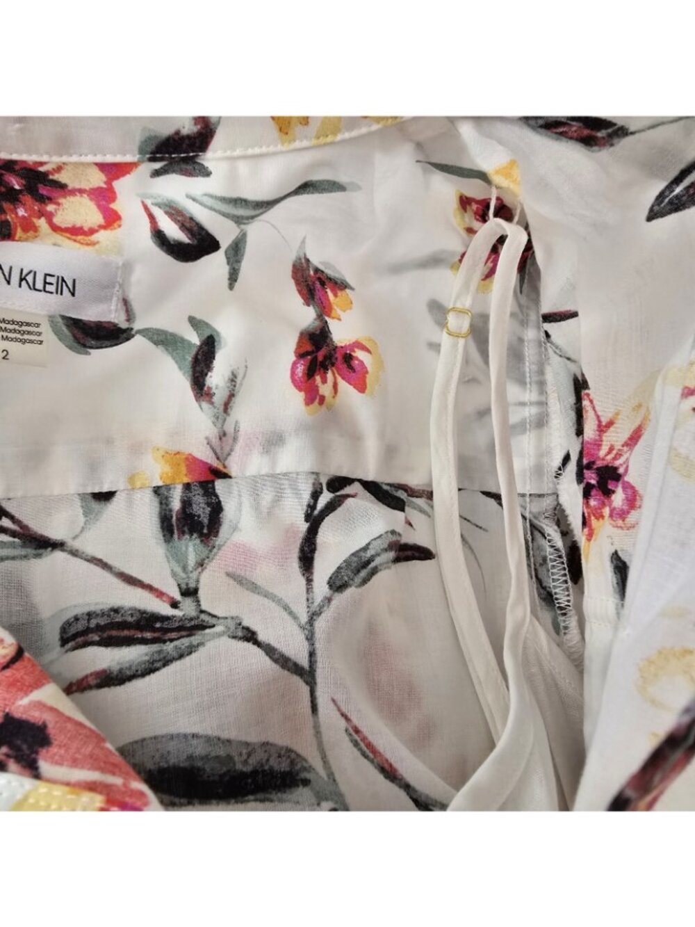 Calvin Klein - 2 Floral Midi Shirt Dress Cotton Belted Puff Sleeve Chest Pockets - Picture 8 of 11